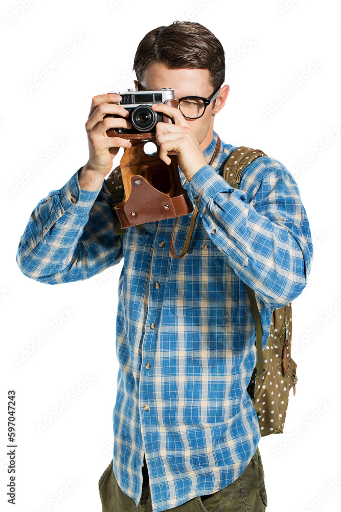 Portrait of young handsome man with retro camera isolated on white background Portrait of young handsome man with retro camera isolated on white background