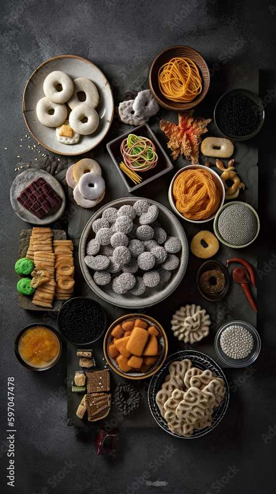 Korean sweets, flat lay, top view assorted cookies and traditional desserts, AI generative overhead view of knolling arrangement