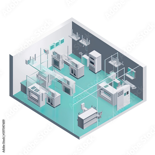 Pharma, pharmaceautical clean room, production line, AI generative industrial interior, isometric cartoon image photo