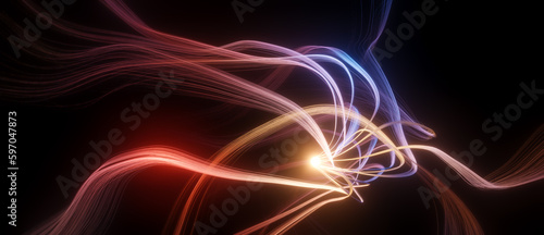 Abstract 3D illustration of glowing red yellow orb with long curly waving tendrils, science or research concept, neuron cell or synapse visualization on black background