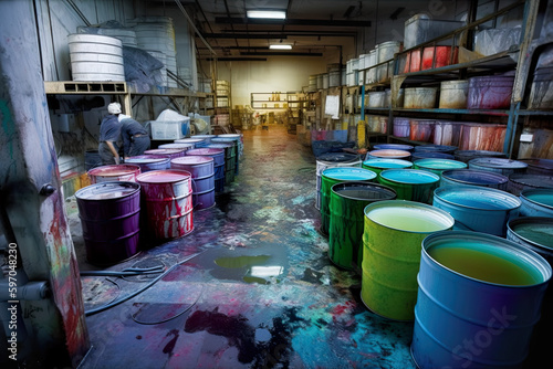 A room filled with lots of paint and buckets of paint. AI generative illustration of toxid dye low tech practices for coloring textile.