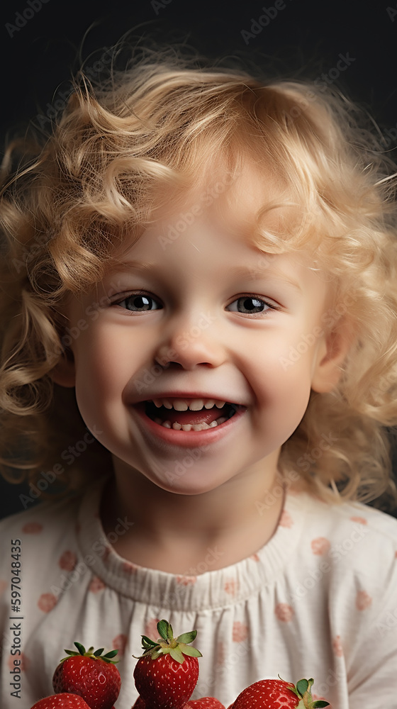 Child with bright eyes and a smile, joyfully surrounded by strawberries, capturing the essence of childhood enjoyment. Child with bright eyes and a smile, joyfully surrounded by strawberries, capturing the essence of childhood enjoyment.
