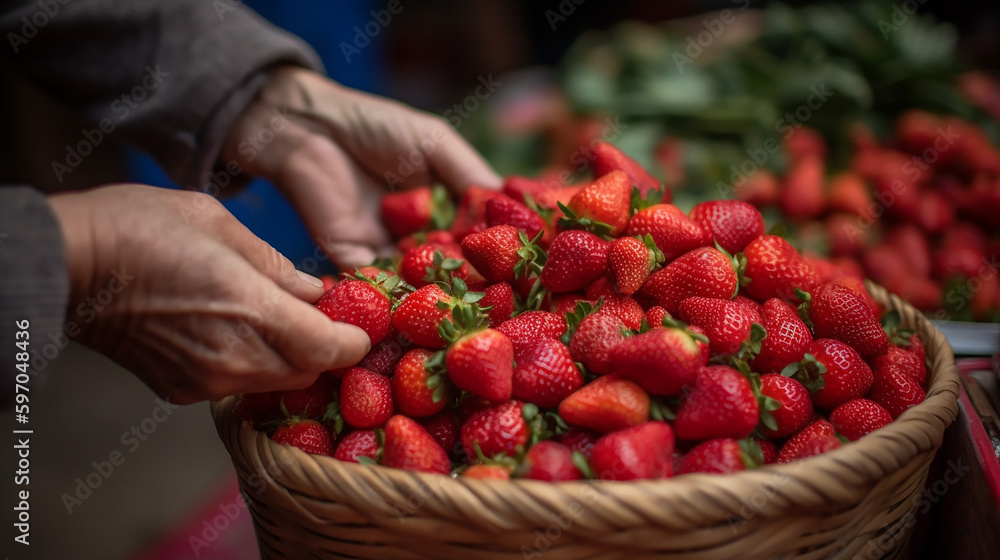 Hands selecting ripe strawberries from a basket, showcasing the freshness of market produce. Hands selecting ripe strawberries from a basket, showcasing the freshness of market produce.