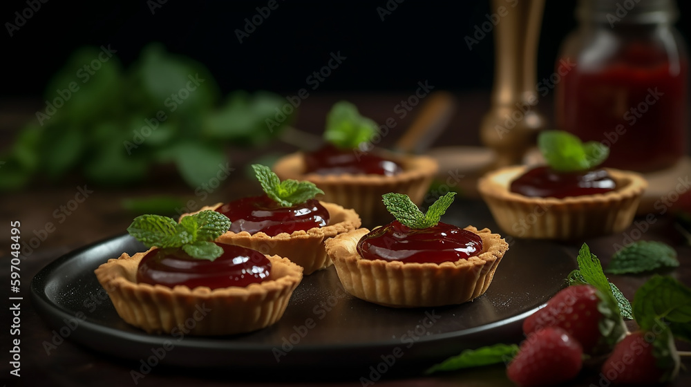 Tartlets filled with strawberry jam garnished with mint leaves, set against a dark background.