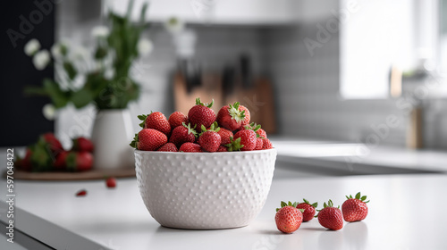 Bowl of freshly picked strawberries on a modern kitchen counter, signifying healthy lifestyle choices.