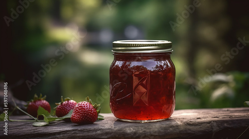A single jar of strawberry jam on a natural backdrop, highlighting homemade quality and simplicity.