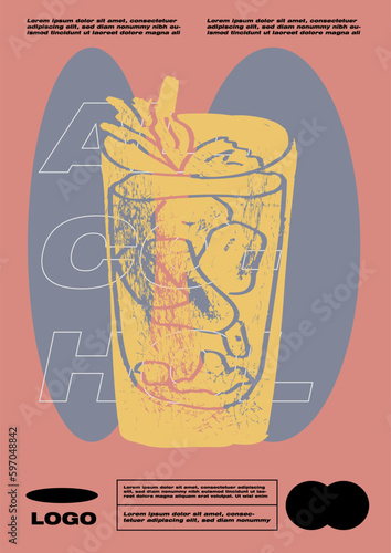 Garnished alcoholic beverage graphic print. Minimalist contemporary vertical print. Vector illustration. Mojito, Aperol Spritz and Pina Colada Cocktail recipe with ingredient.