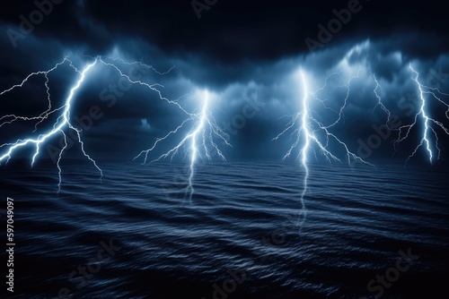 multiple lightning bolts striking the ocean during a storm. Generative AI