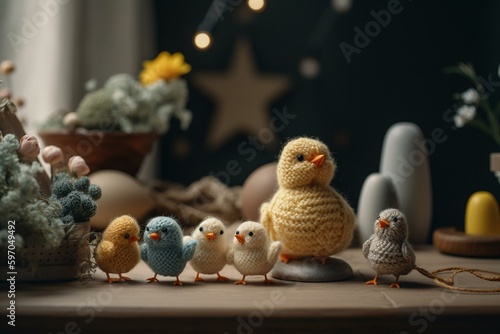 Lovely Easter decor featuring adorable knitted chicklets. Generative AI