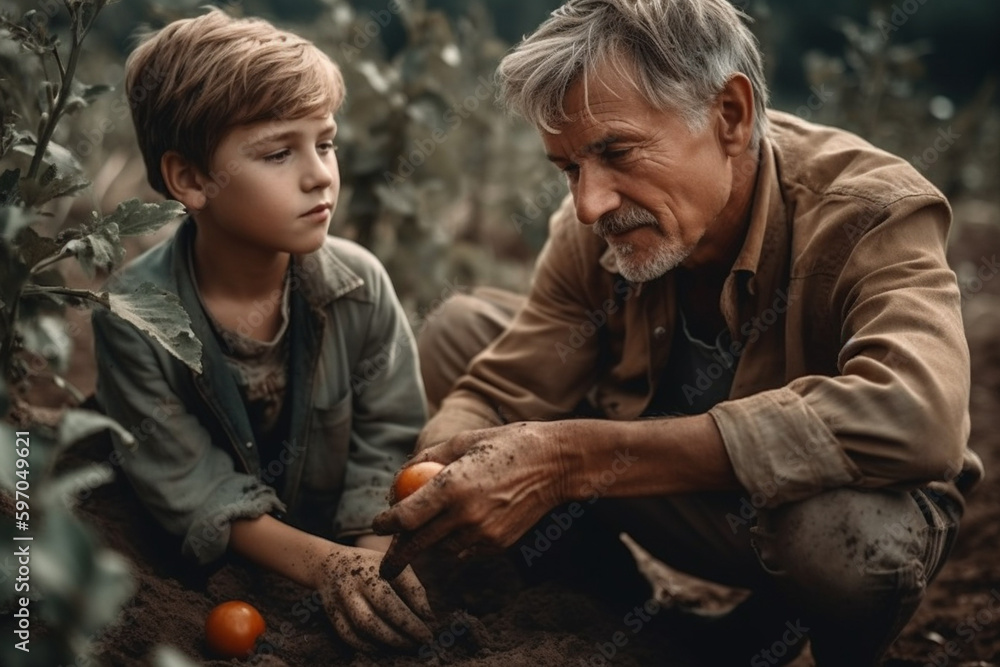 father and son harvest tomatoes in the garden, dramatic light, created with Generative AI Technology