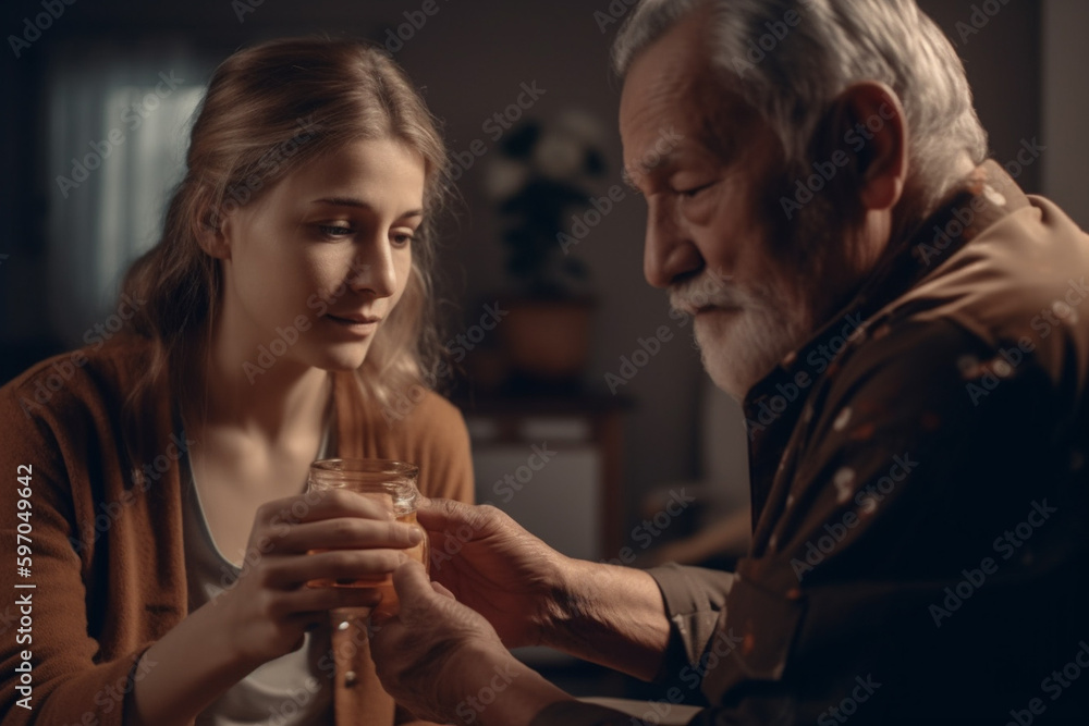 nurse helps elderly man at home, monitors his health and leads conversation, created with Generative AI Technology nurse helps elderly man at home, monitors his health and leads conversation, created with Generative AI Technology