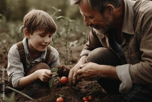 father and son harvest tomatoes in the garden, dramatic light, created with Generative AI Technology