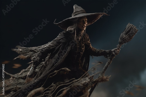 Flying witch on broom on dark background in Halloween, created with Generative AI Technology © Masson