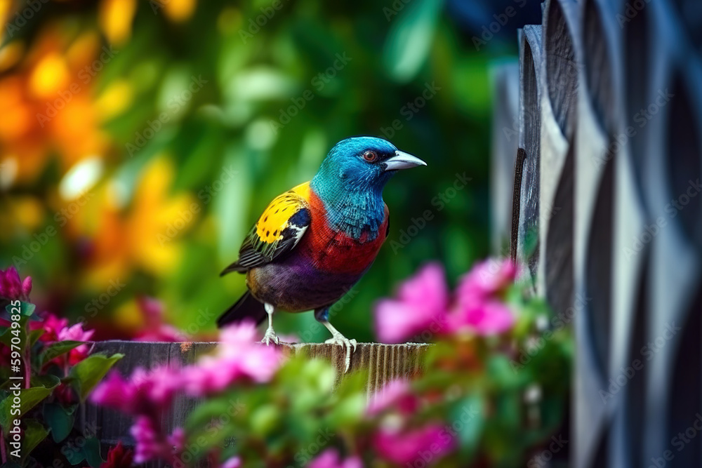 Colorfull exotic Bird sitting on the flower fence. Abstract spring background.  digital ai art