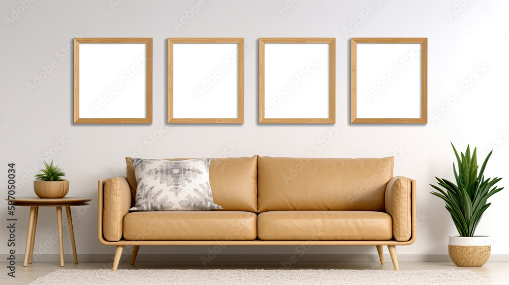 Mockup of four empty picture frames in a modern living room - Generative AI Mockup of four empty picture frames in a modern living room - Generative AI