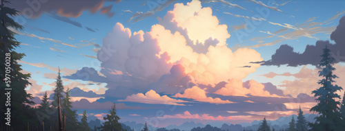 Heavenly early morning sunrise over vast foggy pine tree mountain range stretching to the horizon with pristine natural beauty and pretty wildflowers blooming, panoramic view - generative ai © SoulMyst