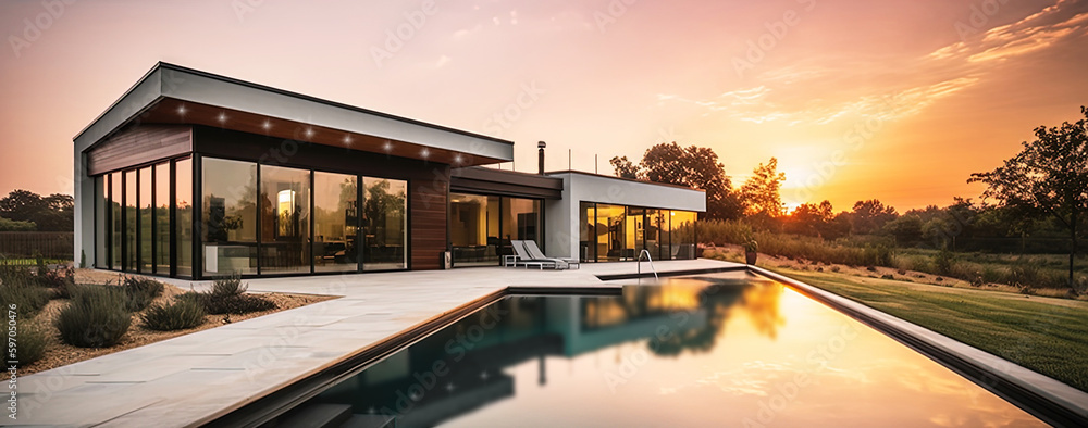 Blick auf einen Bungalow mit Pool und ästhetischer Gartenanlage im Sonnenuntergang, Panorama, Generative AI