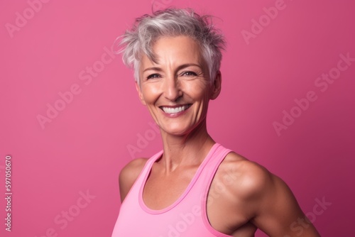 Portrait of a 60years old woman in pink sportwear, body positive sport concept, ai generative photo