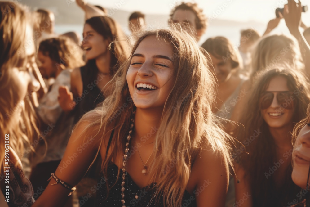 Foto Young girl having fun and dancing on the beach party with group of friends, Gene