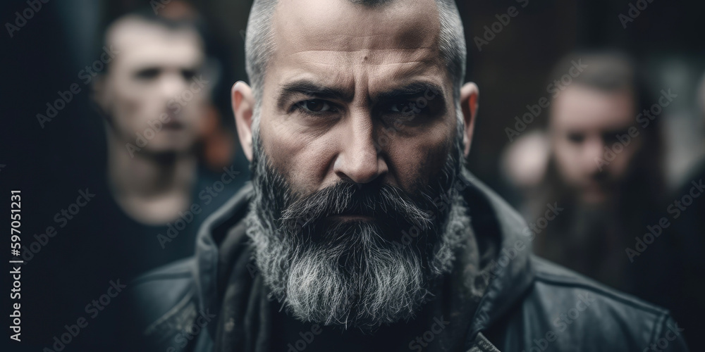 Leader of a gang looking angry in the camera - Generative AI