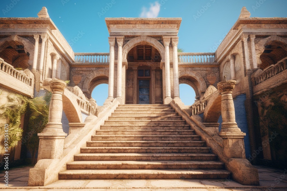 3D render of ancient buildings with stairs and arches against a blue sky, perfect for travel presentations and advertising. Generative AI