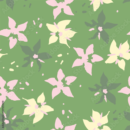 seamless doodle flowers and dot pattern on green  background , greeting card or fabric