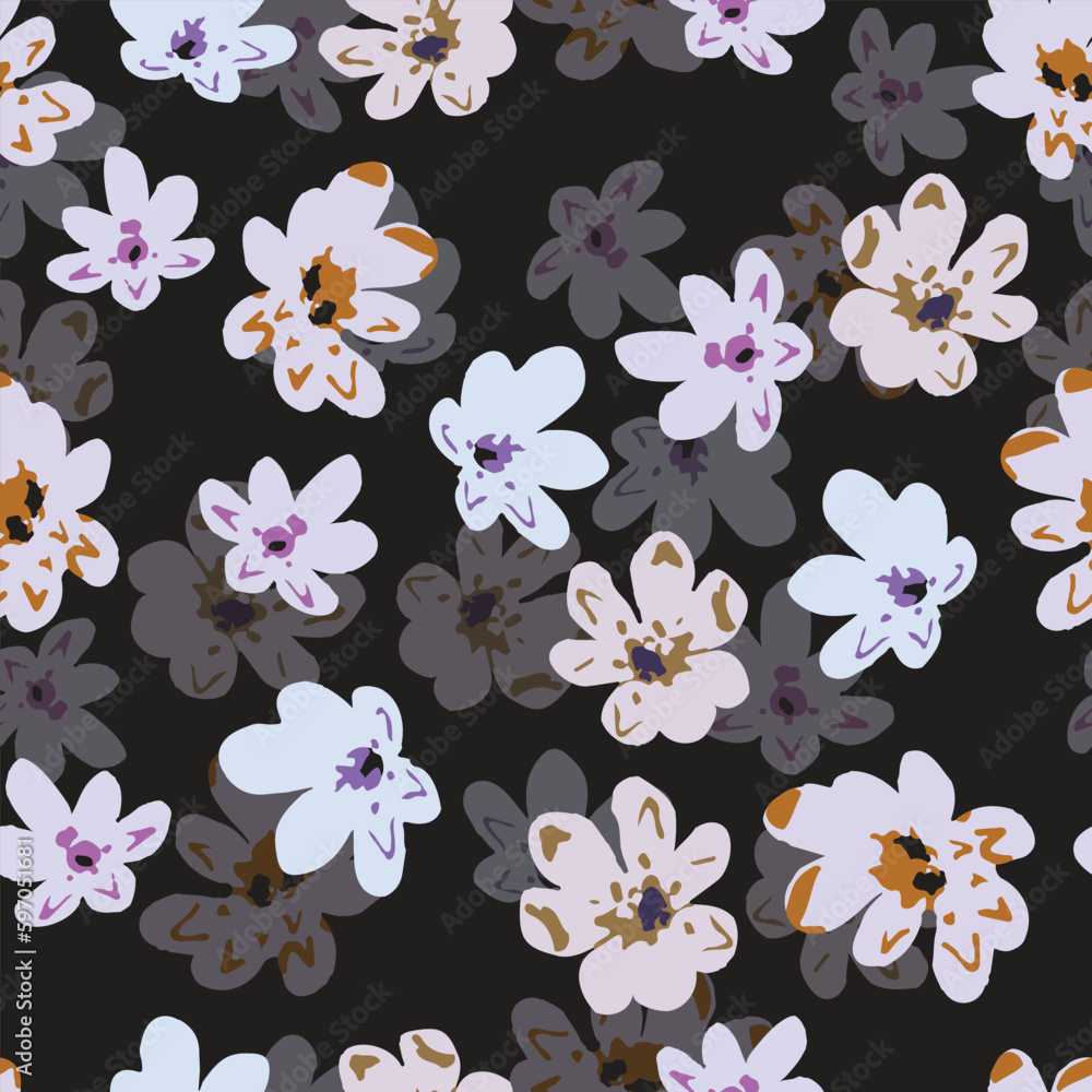 seamless plants pattern on black background with mixed tiny flowers , greeting card or fabric