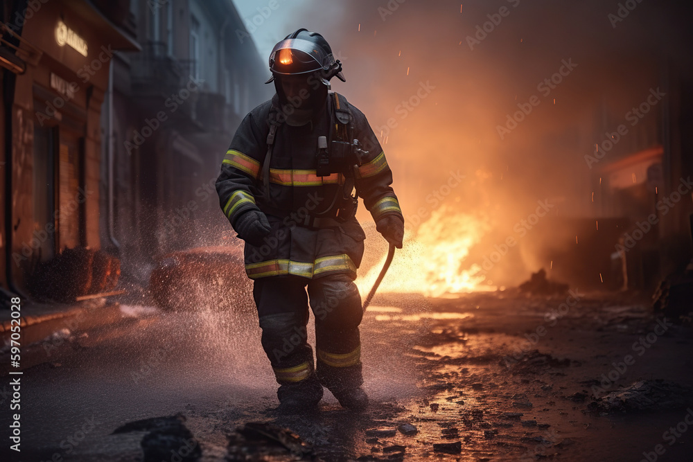 Fireman wearing professional uniform extinguish burning house, AI Generative Fireman wearing professional uniform extinguish burning house, AI Generative