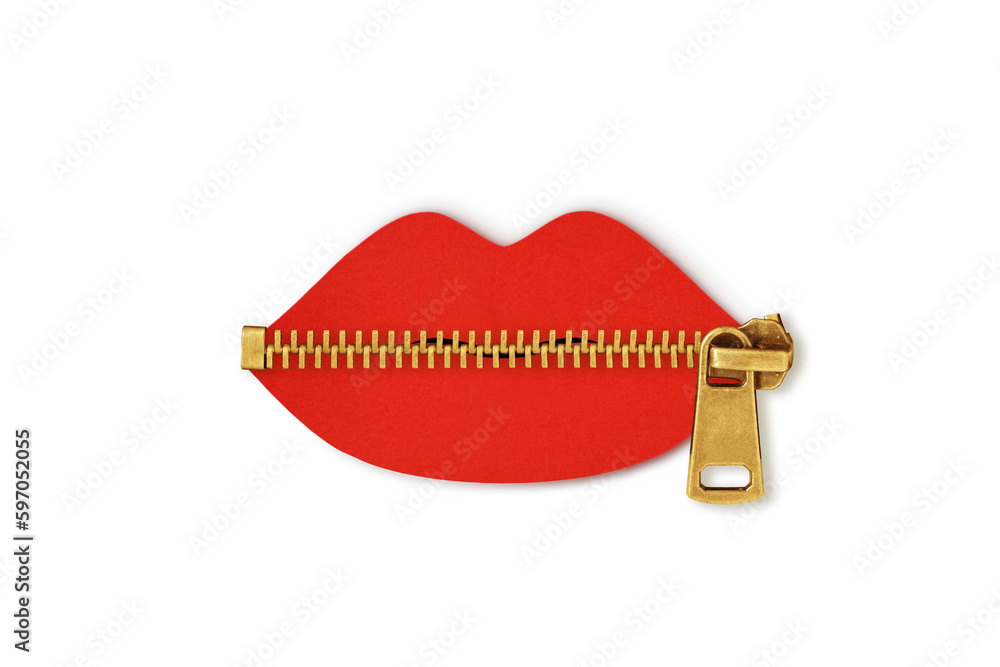 Wall Mural Paper lips cut-out with zipper on white background - Concept of violence against