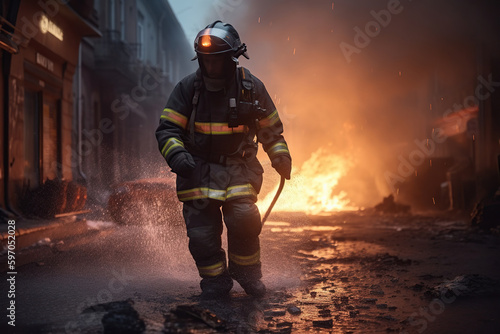 Fireman wearing professional uniform extinguish burning house, AI Generative