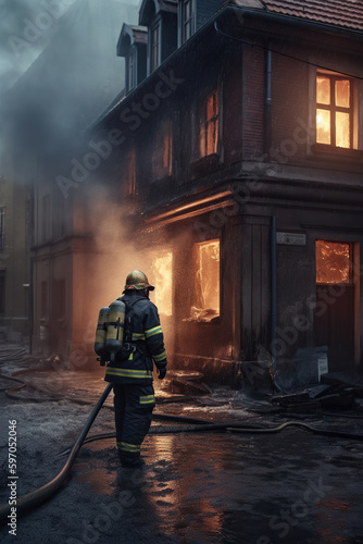 Fireman wearing professional uniform extinguish burning house, AI Generative