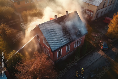 Aerial view of extinguish burning house roof, emergency AI Generative
