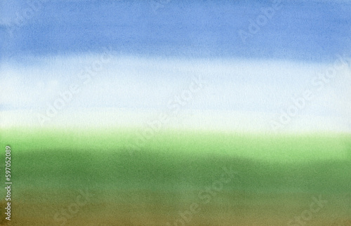 Abstract watercolor horizontal background with spots, splashes, streaks, waves, gradient for postcards, invitations, greetings, business cards. Blue sky and green grass