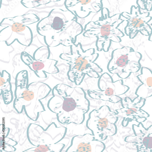 seamless plants pattern on white background with mixed pastel flowers , greeting card or fabric