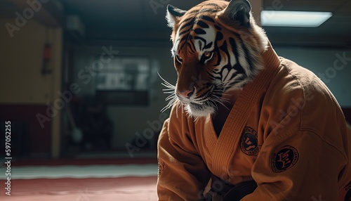 Stampa su tela Tiger punch, tiger wearing a gi, in a dojo
