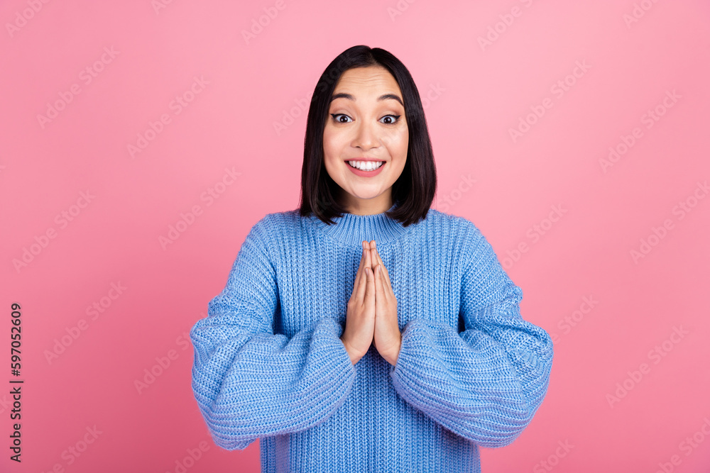 Portrait of cute cheerful girl arms palms pleading beaming smile isolated on pink color background Portrait of cute cheerful girl arms palms pleading beaming smile isolated on pink color background