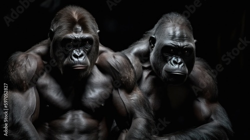 Two muscular gorillas in the gym on a black background. Generative AI © Viktor