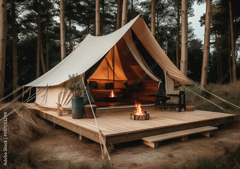 glamping tent in the forest, generative ai
