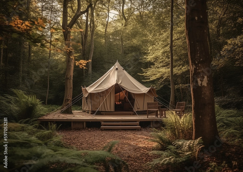 glamping tent in the forest, generative ai © Coka