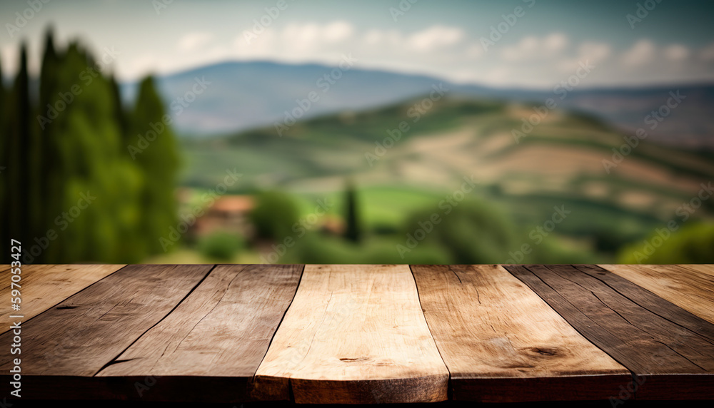 Empty Wooden Table In Front Of Green Hills And Trees Landscape In Background - Generative AI Empty Wooden Table In Front Of Green Hills And Trees Landscape In Background - Generative AI