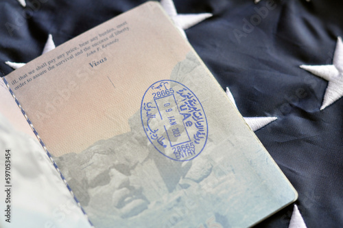Border crossing stamp in US passport. Immigration.