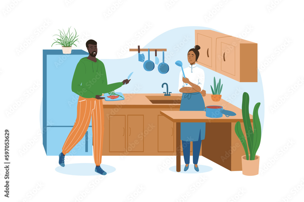 Kitchen blue concept with people scene in the flat cartoon style. Man helps his wife cook meals in the kitchen. Vector illustration.