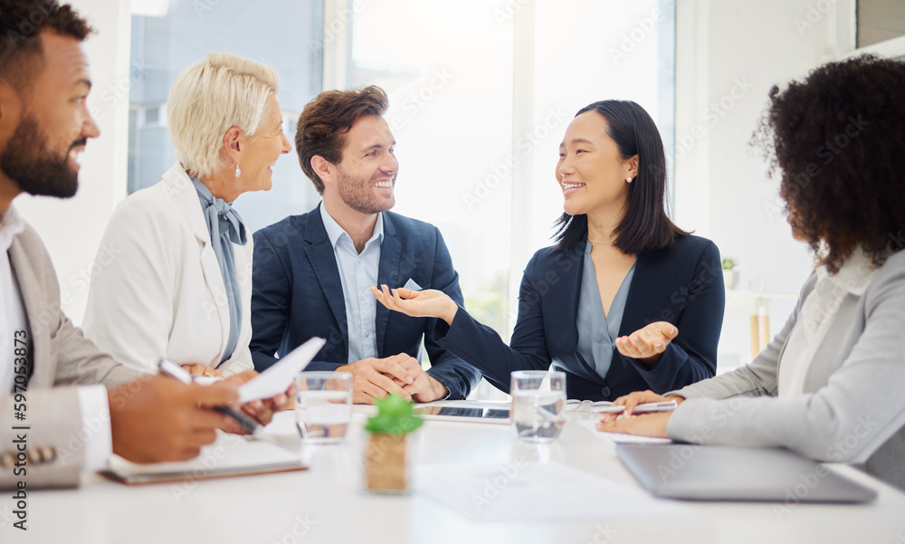 Diversity, happy people and business meeting discussion, conversation or consultation for law firm planning strategy, Smile, happiness and boardroom team of lawyers working together on research plan