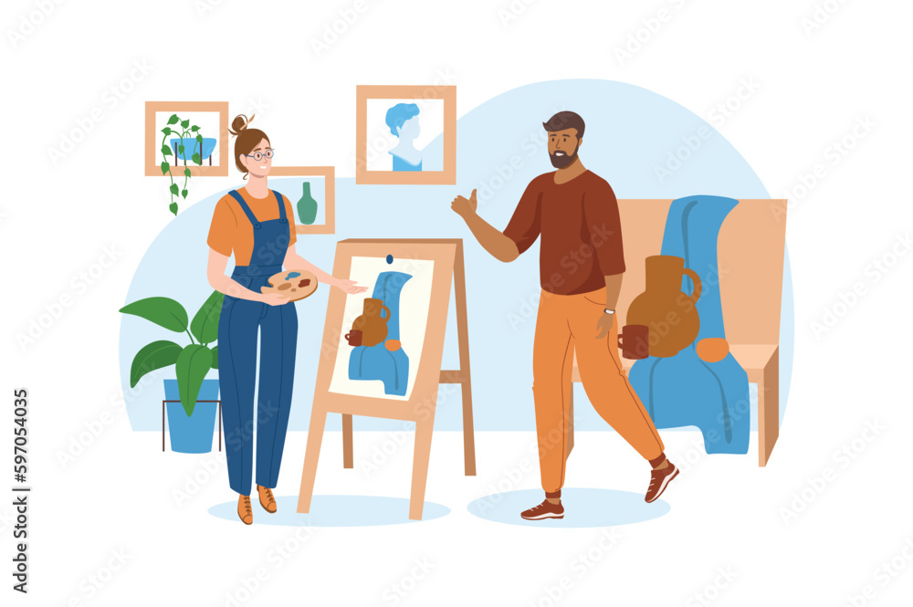 School blue concept with people scene in the flat cartoon style. Girl came to the school of painting and began to paint still life. Vector illustration.