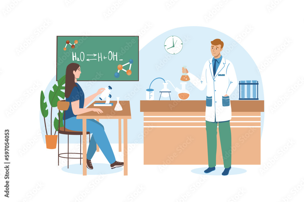 School blue concept with people scene in the flat cartoon style. Girl studies various chemicals in class with teacher. Vector illustration. School blue concept with people scene in the flat cartoon style. Girl studies various chemicals in class with teacher. Vector illustration.