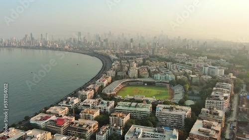 Mumbai: Aerial view of famous city in India at sunrise, modern city skyline with skyscrapers - landscape panorama of South Asia from above