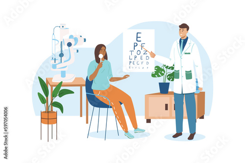 Blue concept Medical office with people scene in the flat cartoon style. Girl checks her vision at the ophthalmologist. Vector illustration. © Andrey