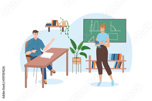 Blue concept School with people scene in the flat cartoon design. Teacher shows the student on the board how to correctly draw geometric figures. Vector illustration.