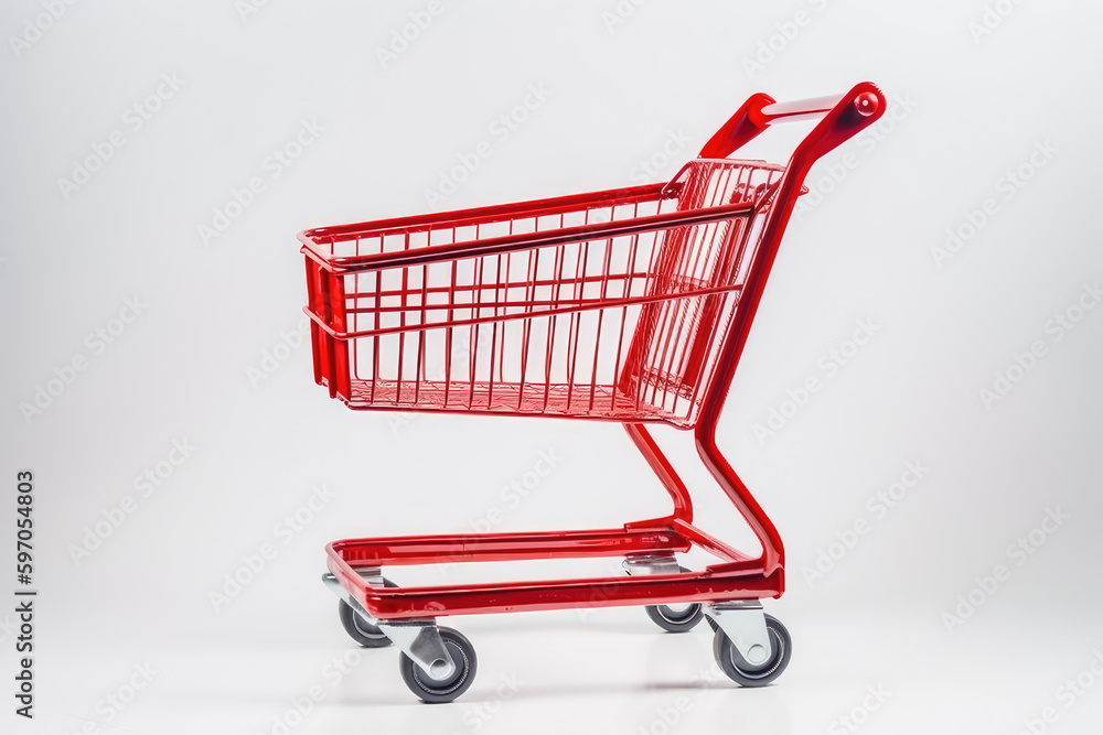 Striking Shopping: red Cart Set Against a white Background. Generative AI Striking Shopping: red Cart Set Against a white Background. Generative AI
