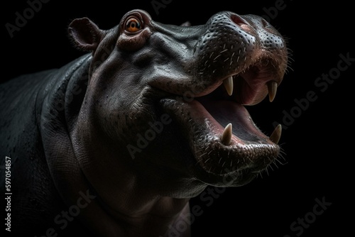 Hippopotamus with open mouth. Generative AI © Isannah